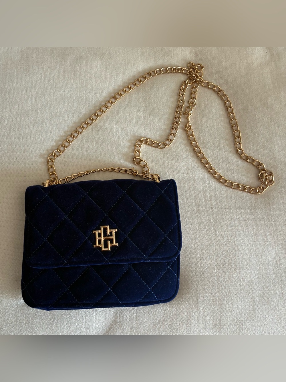 Caroline Hill Navy Velvet Quilted Crossbody with Gold Chain